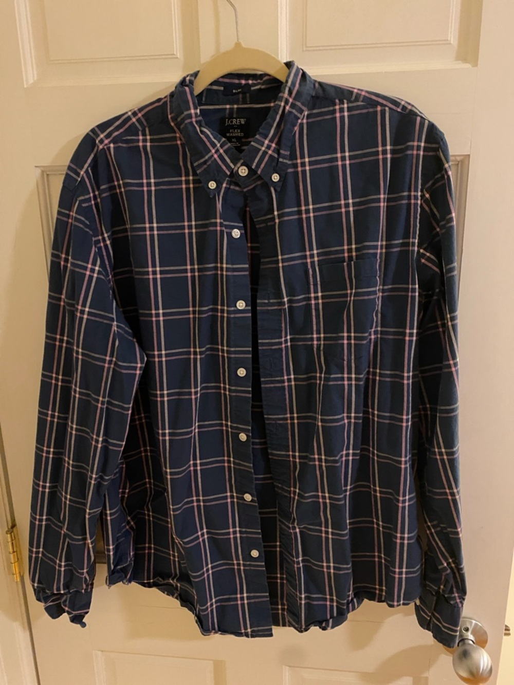 J. Crew Men’s Navy Plaid Button-Down Shirt with Pink Accents